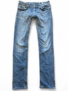 Miss Me Low Rise Y2K McBling Embellished Skinny Jeans Size 28x33 Rhinestone Flap